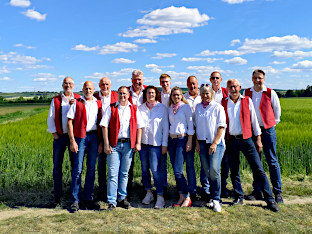 Grävenwiesbacher Musikanten auf einer grünen Wiese und bei blauem Himmel im Mai 2025